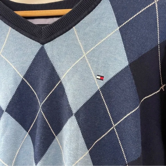 Tommy Hilfiger V-Neck Argyle Sweater - Navy and Light Blue - Picture 2 of 4